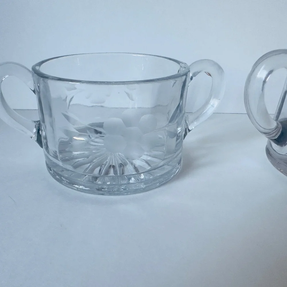 Vintage Clear Etched Glass Cream and Sugar Set Frosted Grape Starburst Base